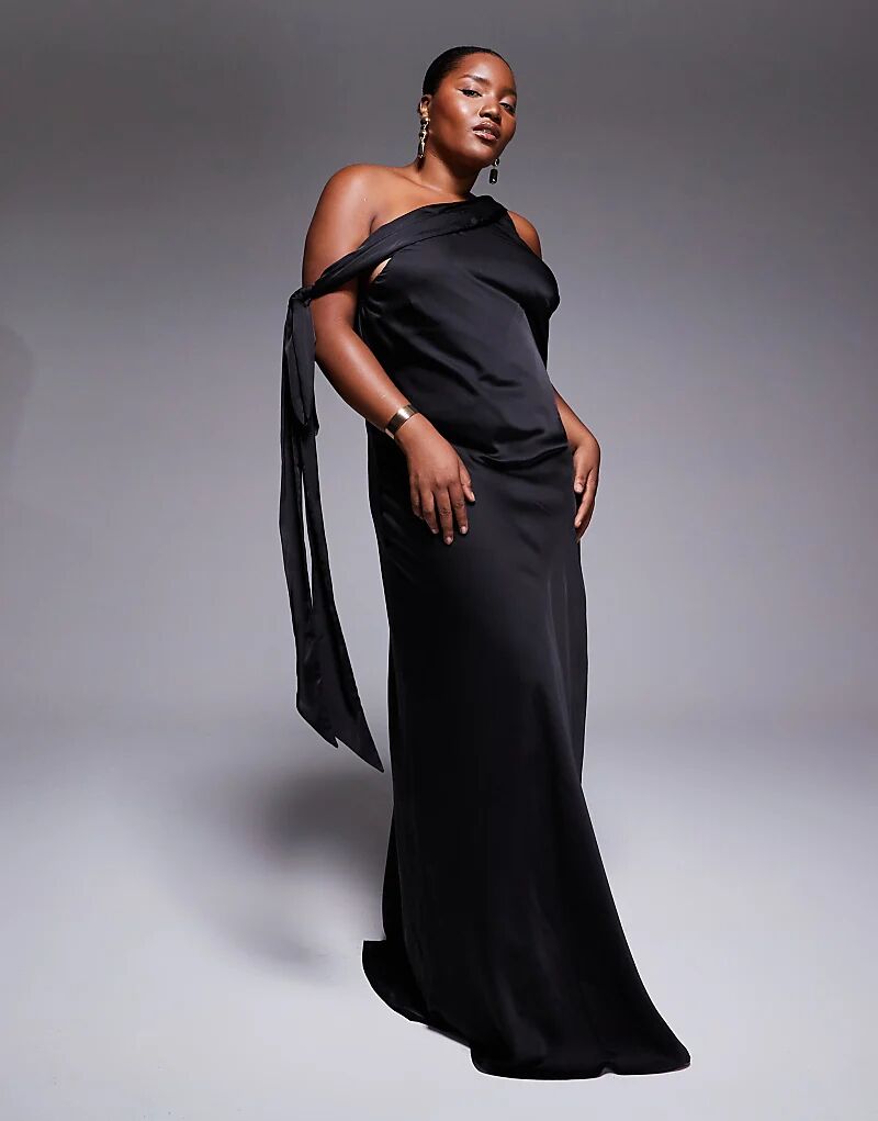 

Платье макси TFNC Plus со спущенными плечами и завязками из черного атласа