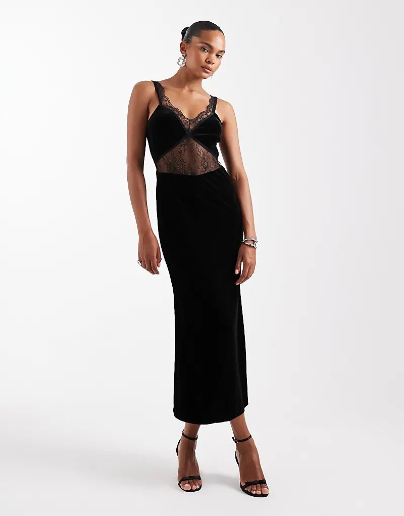 

Длинное платье Never Fully Dressed с бархатными кружевными вставками черного цвета