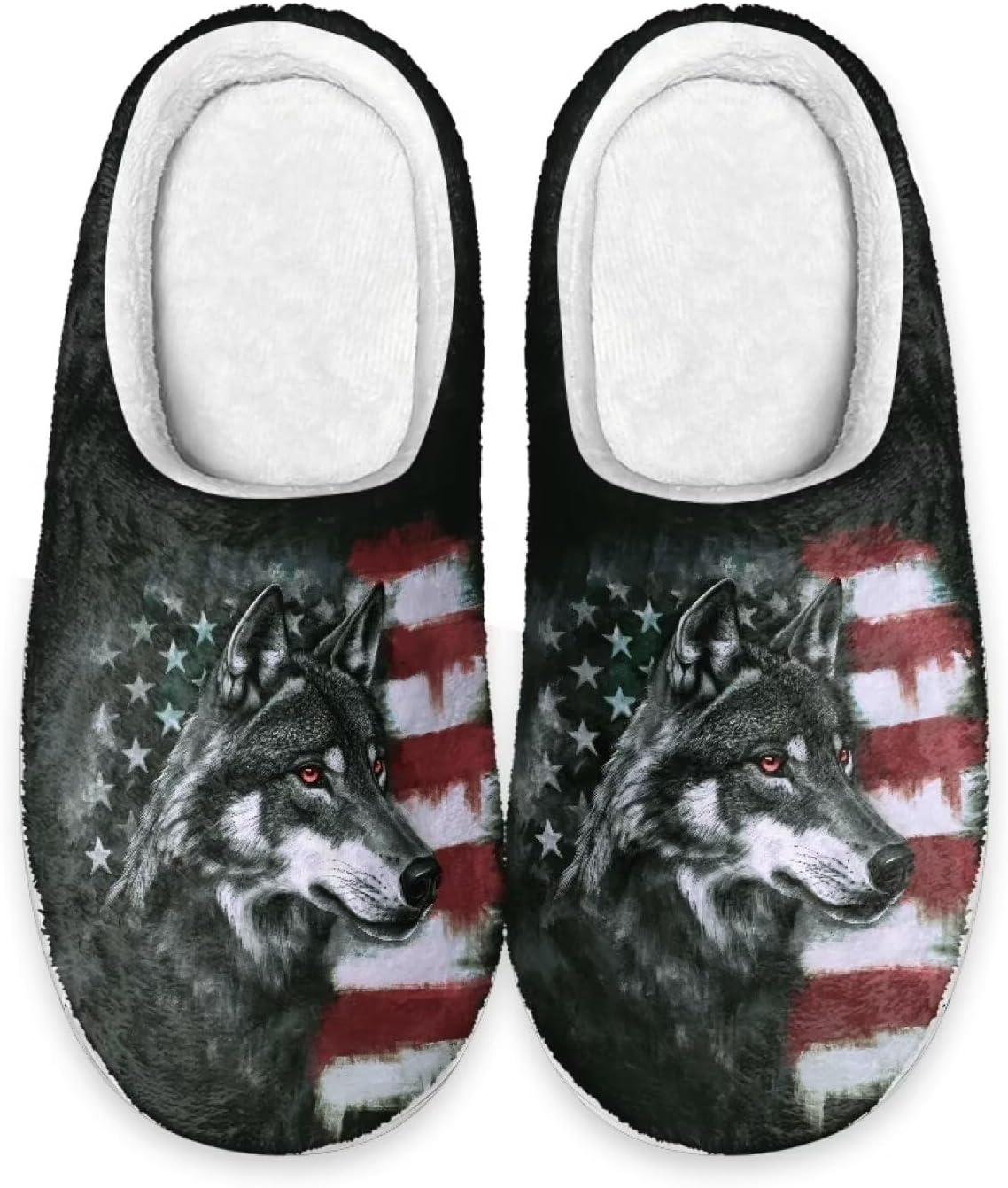 

Xoenoiee Мужские и женские теплые пушистые тапочки для спальни, домашние тапочки, противоскользящие зимние домашние тапочки, Wolf American Flag