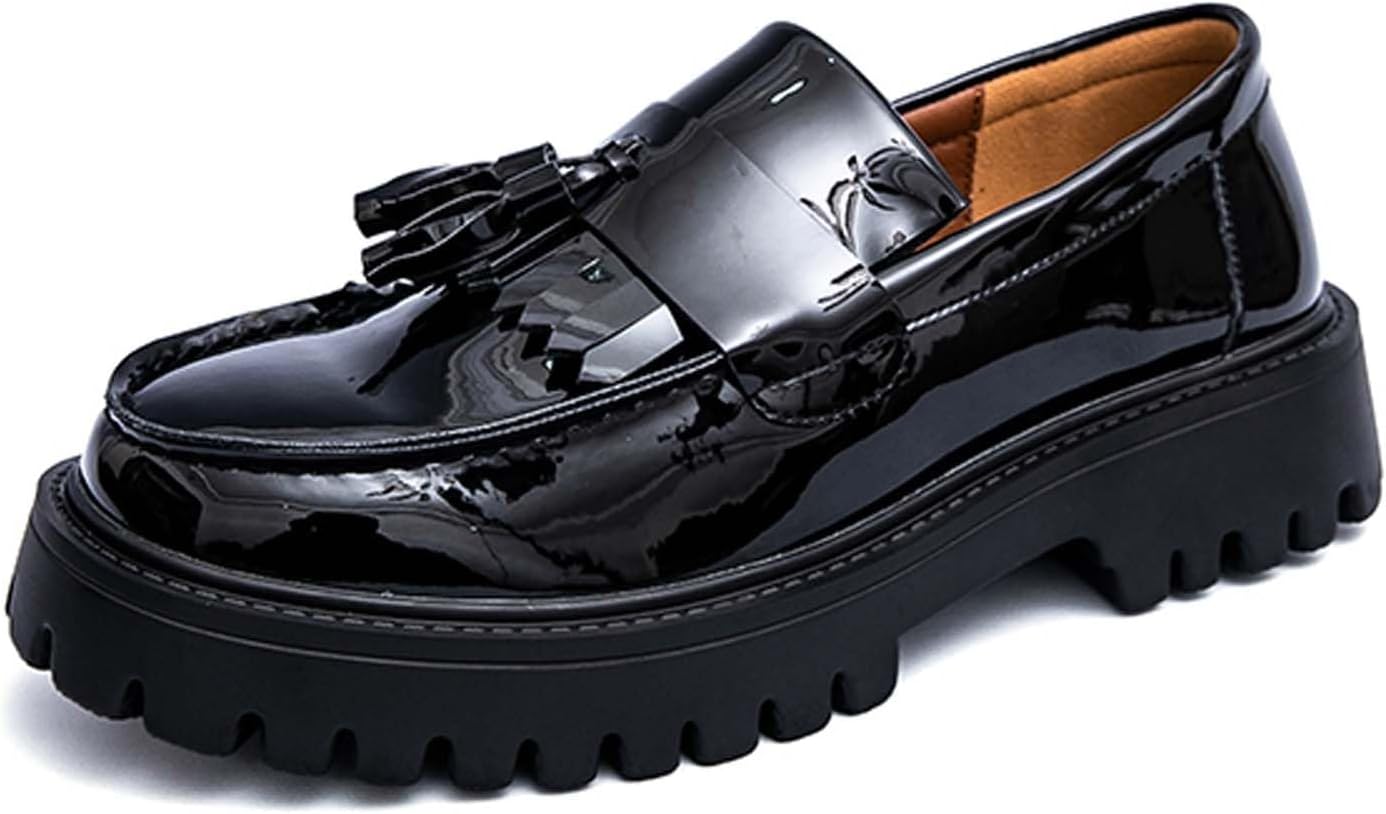 

Мужские лоферы с толстой подошвой на платформе с противоскользящей поверхностью и верхом из лакированной кожи, подходящие для работы в офисе, вечеринок, танцев и свадеб Generic, черный