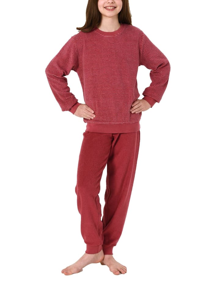 

NORMANN Пижама из махровой ткани с длинными рукавами, манжетами и полосками - 70532, красного цвета