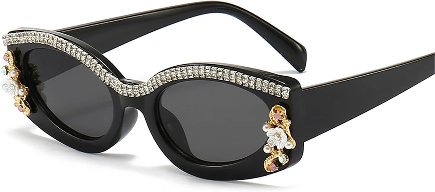 

Willochra Модные ретро-солнцезащитные очки в форме многоугольного кошачьего глаза со стразами для женщин и мужчин с бриллиантовой кисточкой, 2pcs-black White&purple