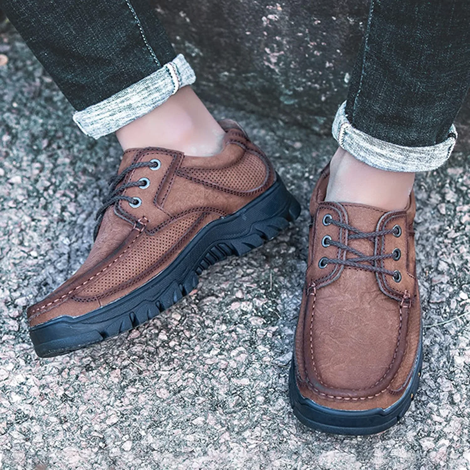 

Мужские кожаные классические лоферы с нескользящей подошвой, повседневные, легкие, дышащие, мягкие и удобные, для прогулок на открытом воздухе, слипоны для походов PURCHAWEE, коричневый