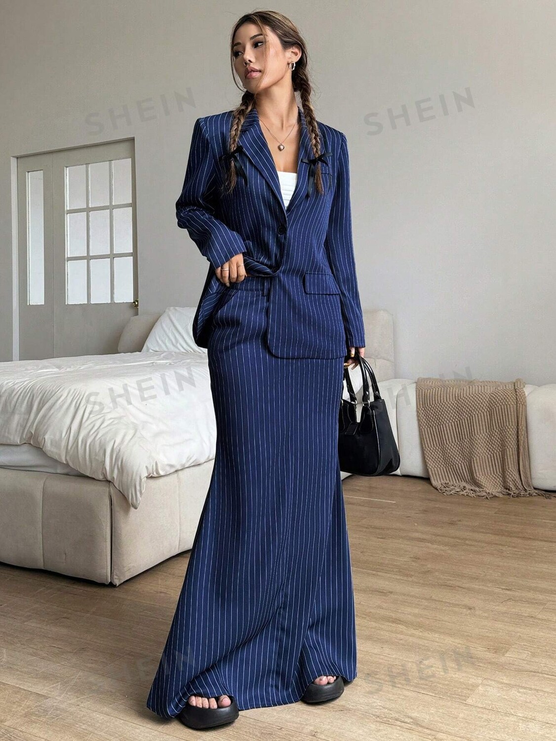 

EZwear Костюм в полоску и юбка в форме золотой рыбки Для ношения на работе Shein, темно-синий