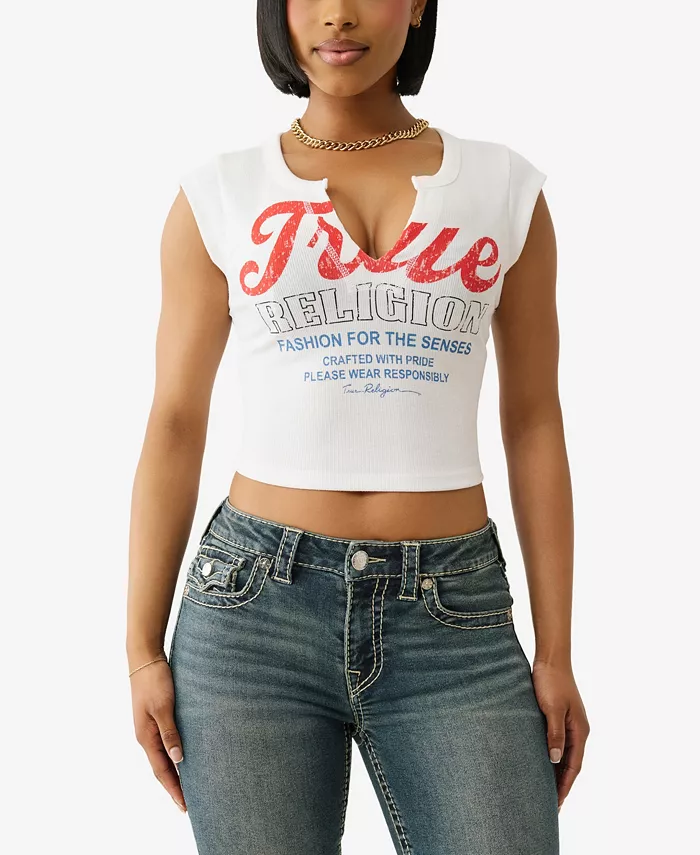 

Женский винтажный топ с V-образным вырезом и резинкой True Religion, белый
