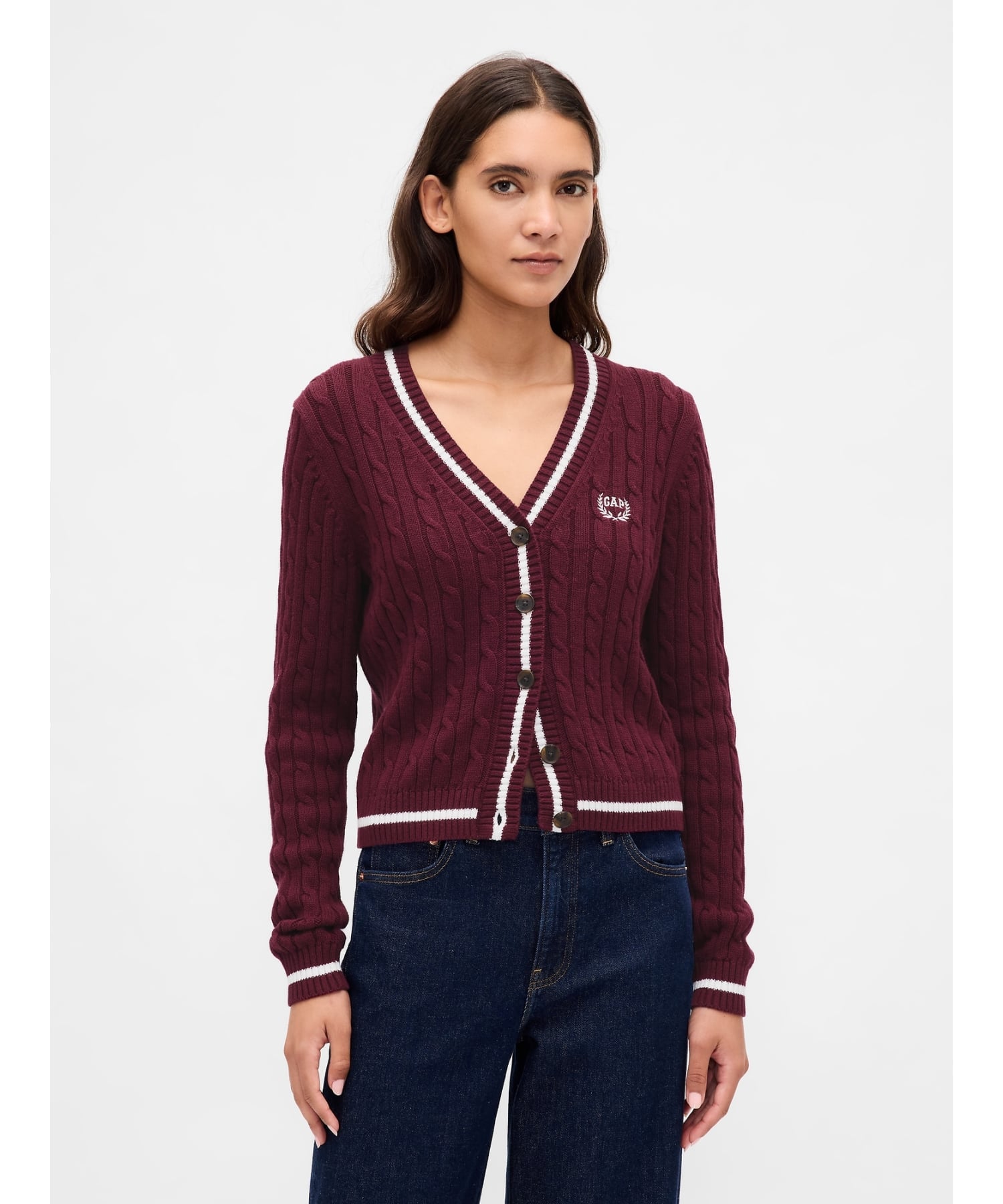 (W) Укороченный кардиган с логотипом GAP, 100% хлопок, крупная вязка, TUSCAN_RED