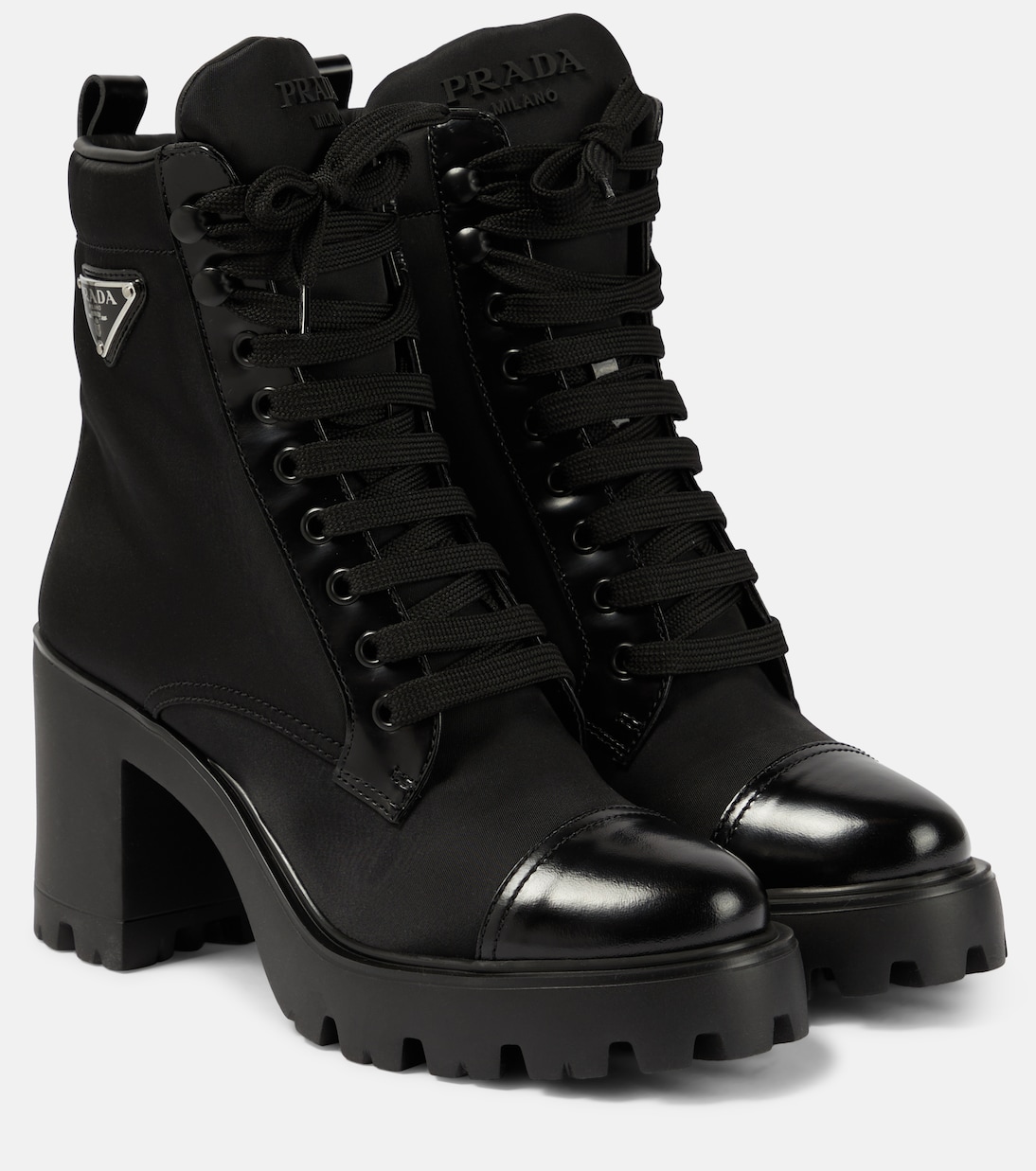 Ботинки со шнуровкой и кожаной отделкой Prada, Nero