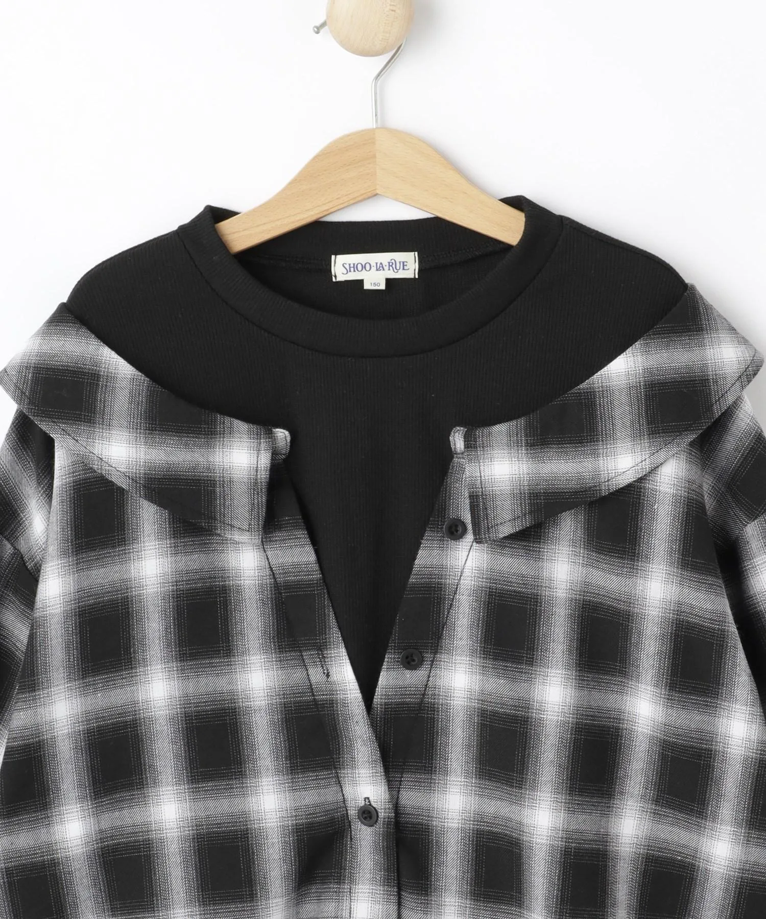 Детский топ с комбинированным дизайном Check Shirt Docking Tops SHOO・LA・RUE черный — фото 4