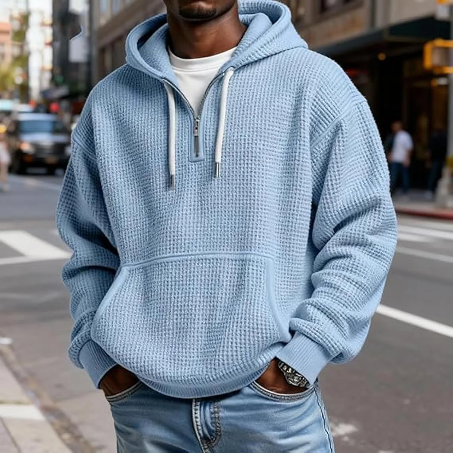 

Мужской худи с капюшоном Quarter Zip, текстурированная вязка, оверсайз nhApmj