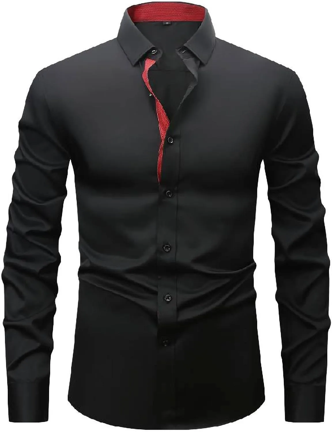 Мужская рубашка Slim Fit с защитой от сминания - длинный рукав, отложной воротник, цветной блок, деловой кэжуал для работы Generic, черный