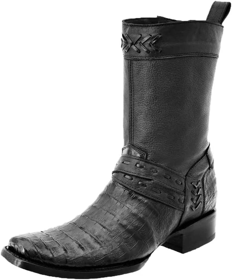 

Мужские короткие ковбойские ботинки из натуральной кожи с экзотическим принтом из кожи аллигатора кайман, средней высоты голени, с боковой молнией, квадратный носок, Дубай, черные Generic