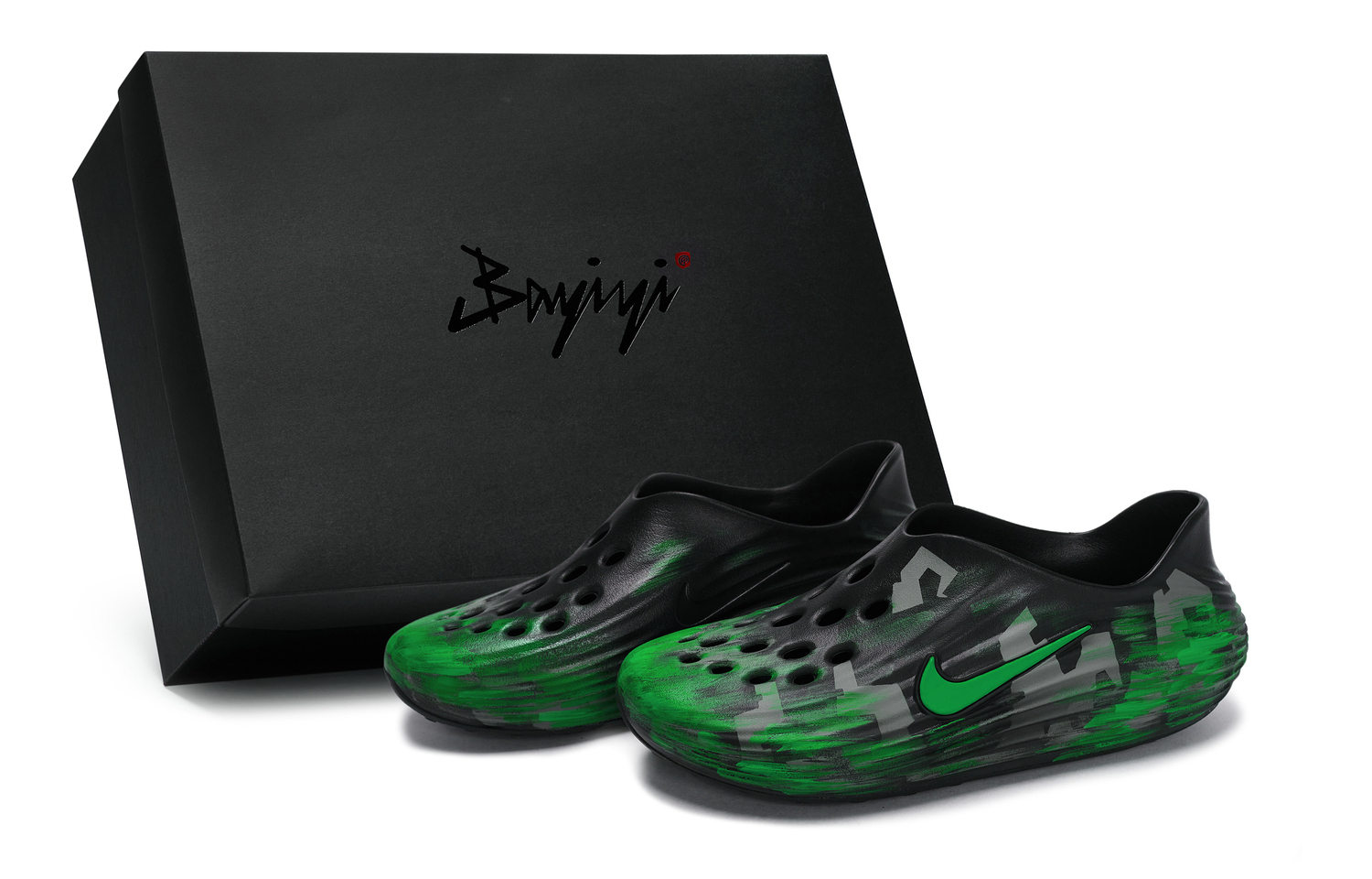 Nike ReactX Rejuven8 811 Manufacturing, Abyssal Turbulent Green, специальные сабо унисекс, черно-зеленые