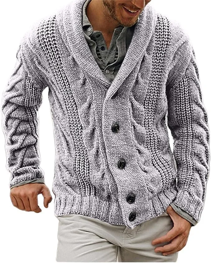 

Мужской кардиган на пуговицах с кабельной вязкой, оверсайз, с воротником-шалью