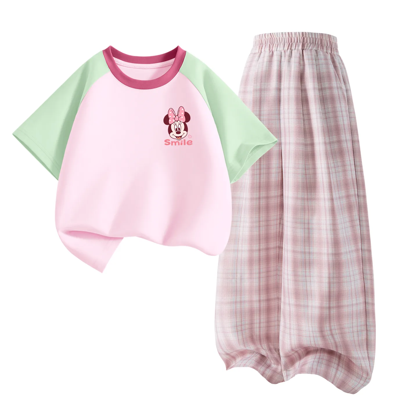 Детская спортивная футболка с круглым вырезом Disney, Di Smile K Green Pink+Solid Color Quartz Pink