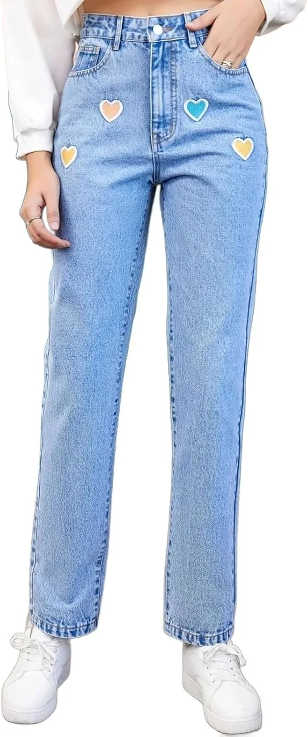 Прямые джинсы женские Loose Fit Wide Leg с принтом в виде сердца