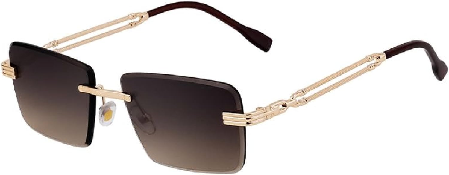 

Классические маленькие прямоугольные солнцезащитные очки без оправы для мужчин, роскошные винтажные очки без оправы для активного отдыха, защита от УФ-излучения UV400 для мужчин TYUVIVO, C3goldbrowngray