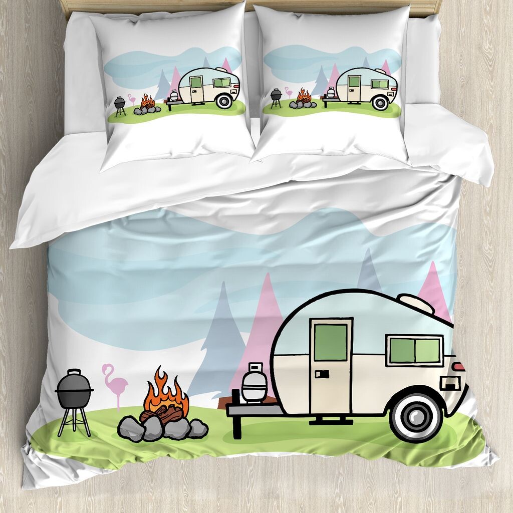 

ABAKUHAUS Дорожный комплект пододеяльников для односпальных кроватей, мультяшный стиль, сцена для кемпинга, защита от клещей, подходит для аллергиков, с наволочкой, 155 см x 220 см - 80 x 80 см, разноцветный