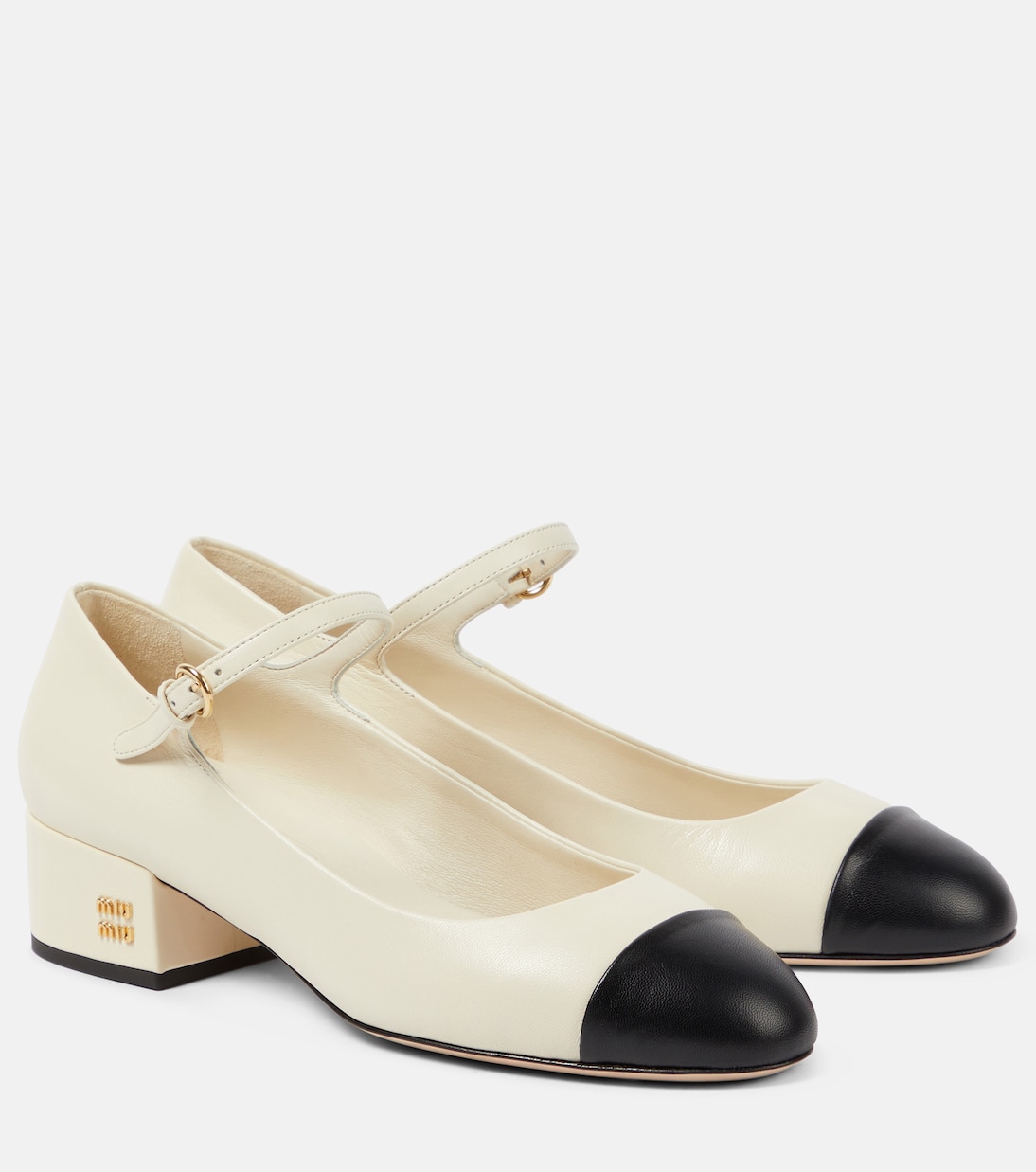 Кожаные туфли Mary Jane с логотипом Miu Miu, Avorio+Nero