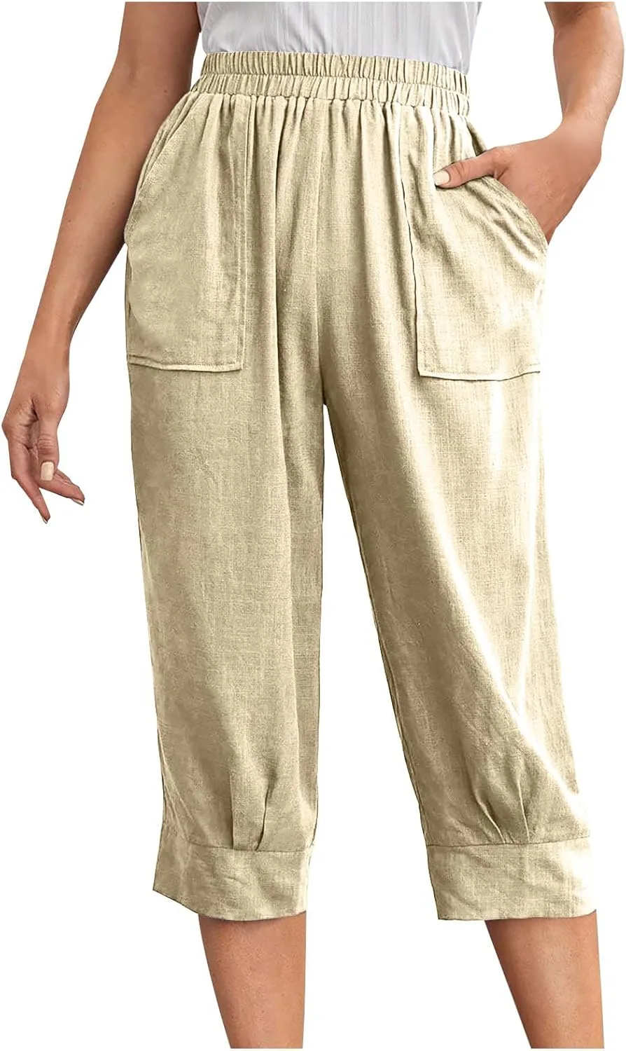 

Женские высокие капри из льна с карманом