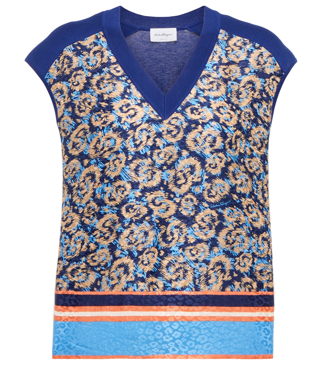 

Хлопковый трикотажный топ с шелковыми вставками Ferragamo, Golfo Blue