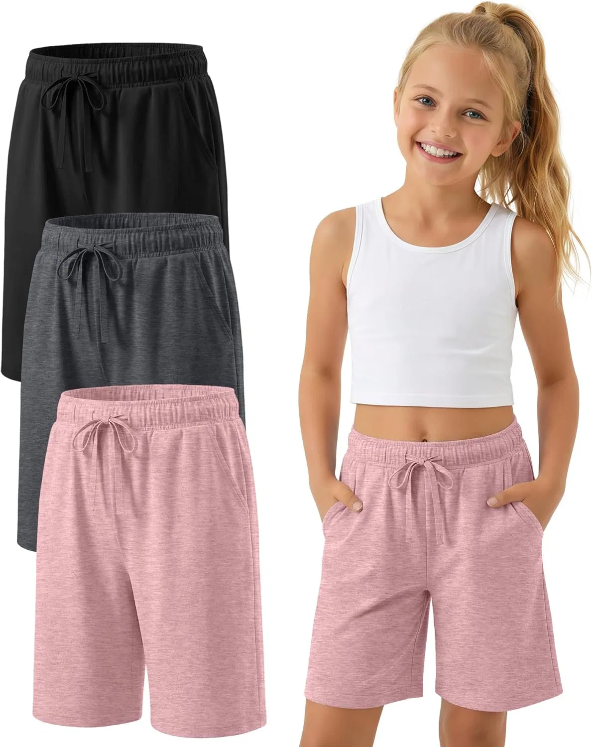 Детские шорты бермуды, 3 шт, YooAurvox, Black, Dark Mixed Gray, Pink
