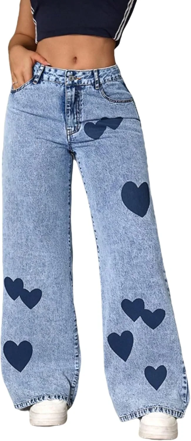 

Женские джинсы с принтом в виде сердечек, широкие, прямые, в стиле Y2K YADMISU