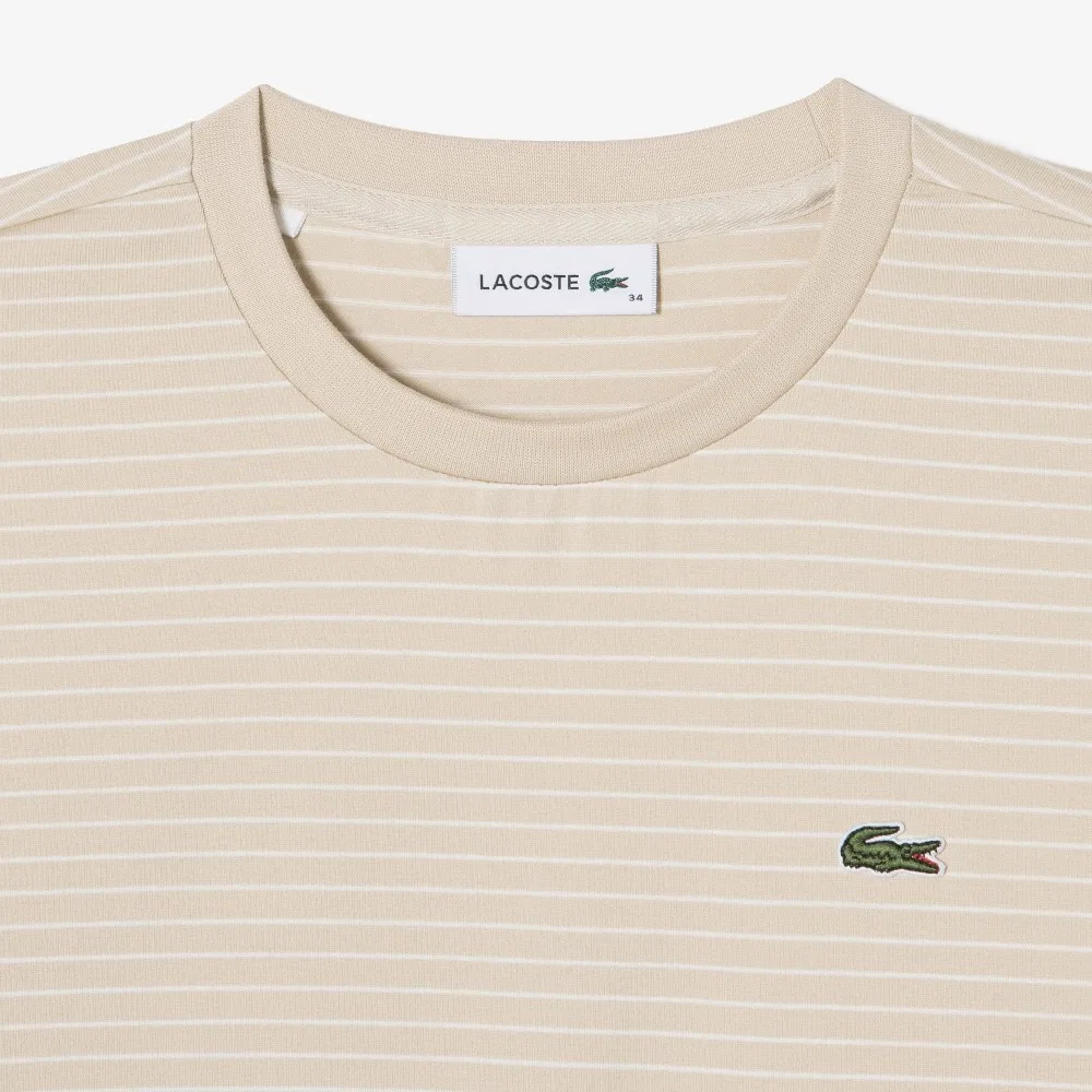 Футболка Lacoste полосатая с бантом, бежевая — фото 4