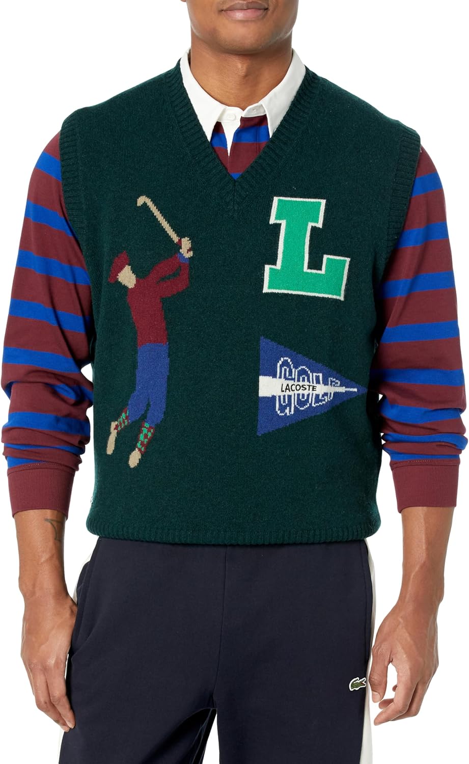 

Lacoste мужской классический приталенный безрукавный свитер-жилет с V-образным вырезом, Sinople/Multico