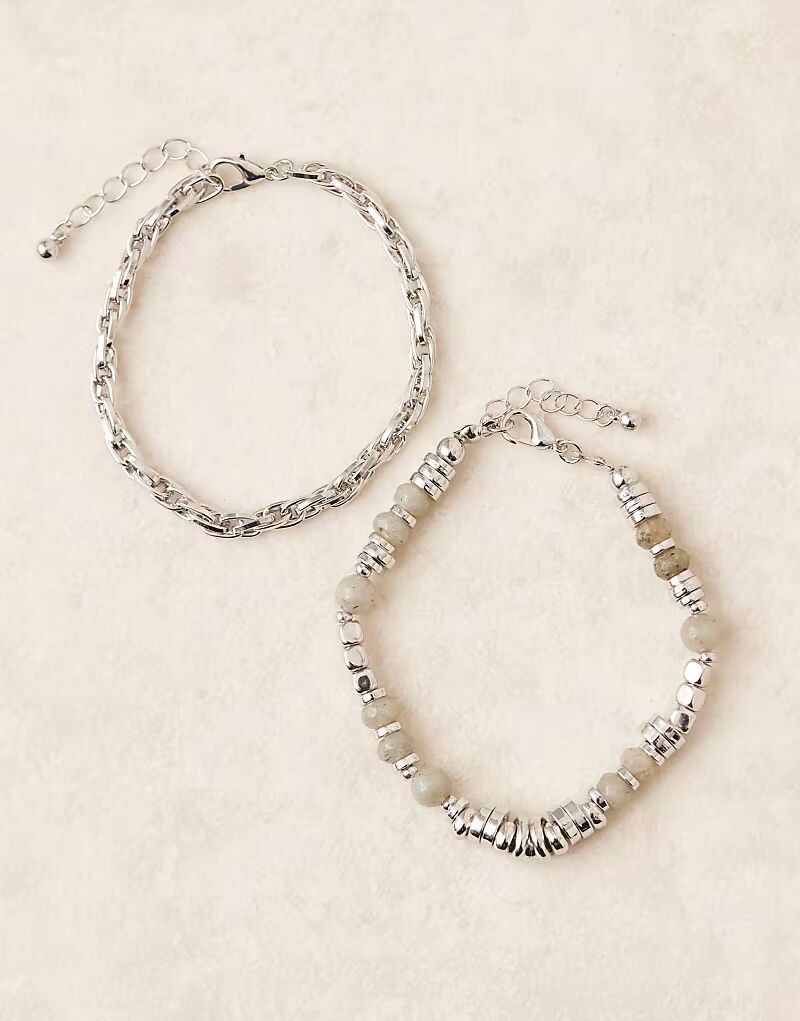 

Набор из 2 браслетов из полудрагоценного лабрадорита и цепочки из серебра Asos Design