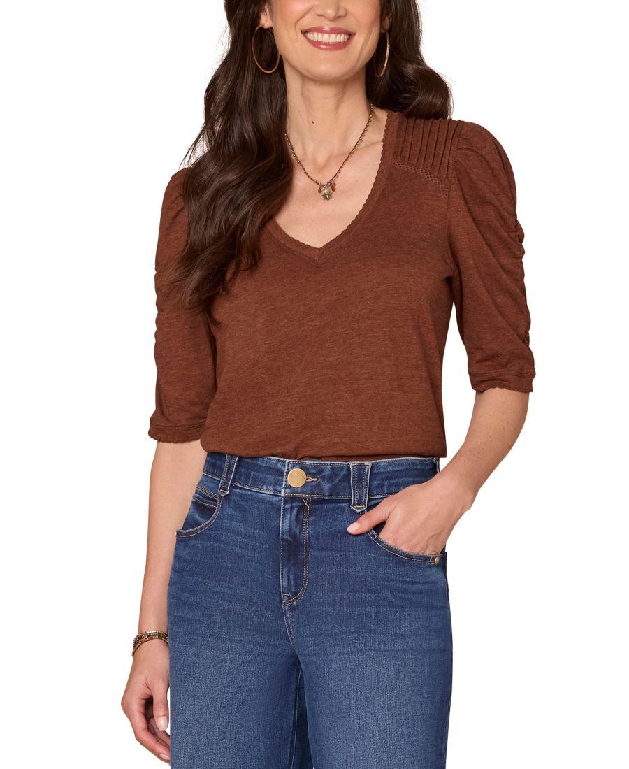 

Укороченный вязаный топ с пышными рукавами и V-образным вырезом Democracy, Heather Rustin Brown