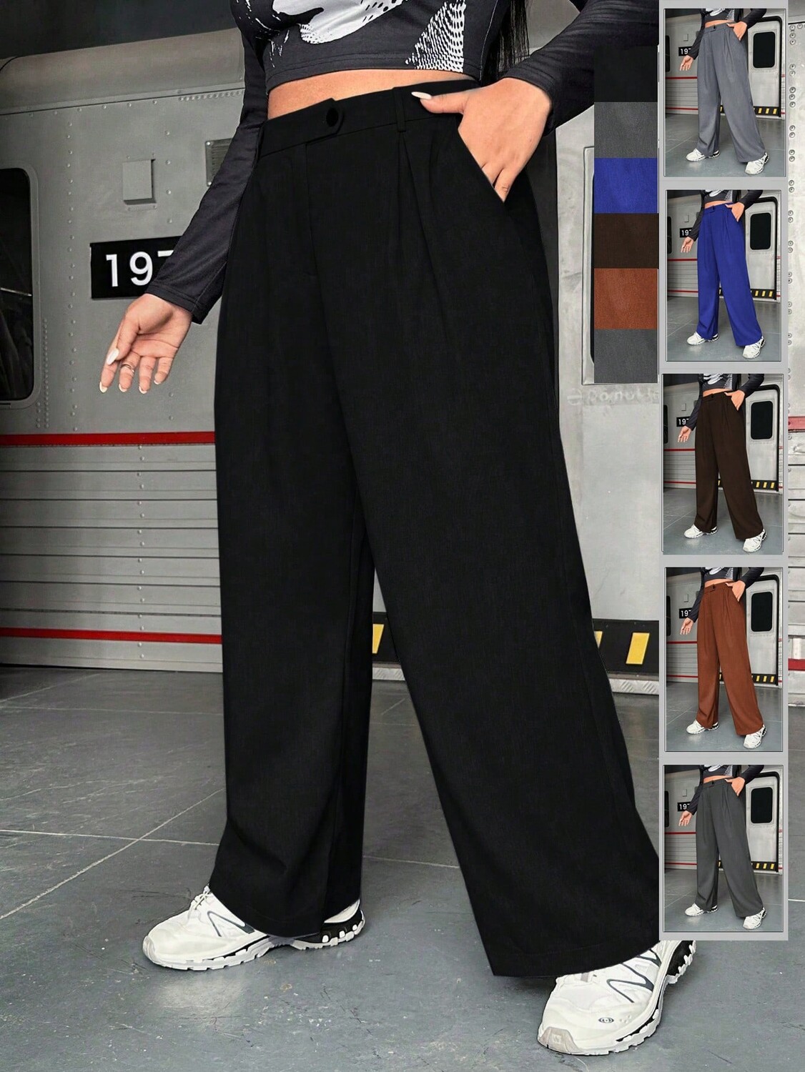 

Широкие брюки EZwear Plus Диагональный карман Shein, темно-серый