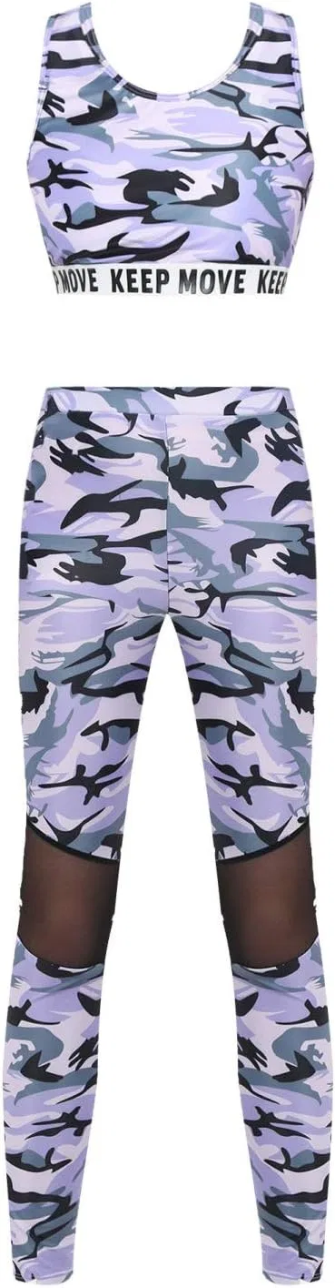 Детский спортивный комплект Yartina с камуфляжным принтом, топ и леггинсы, Camouflage Purple