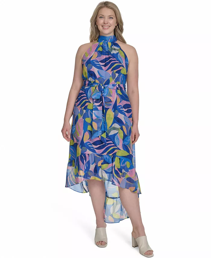 

Платье-халтер больших размеров из шифона с принтом и асимметричным вырезом Eliza J, синий