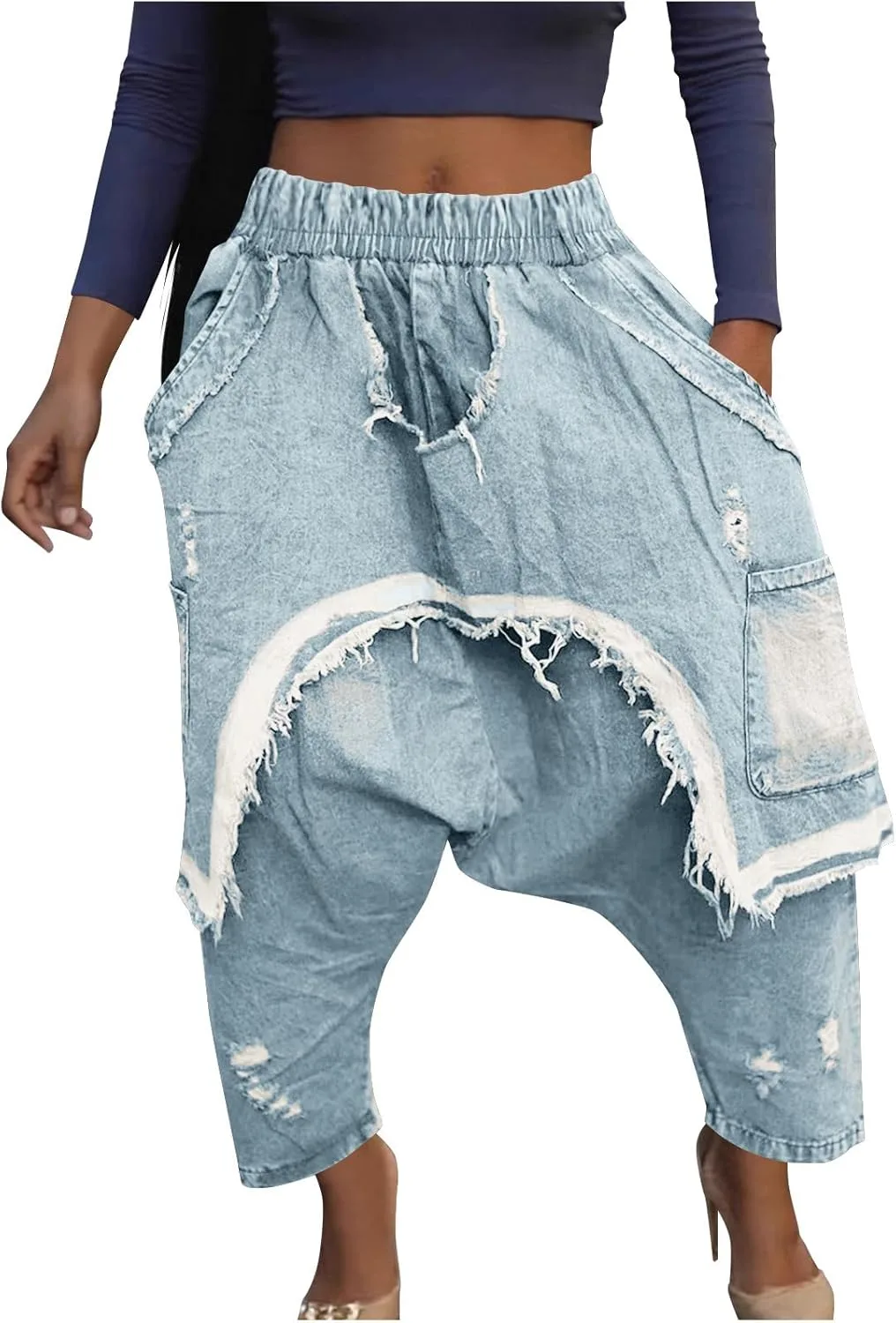 

Женские джинсы Harem с пачворком и рваными деталями, эластичный пояс