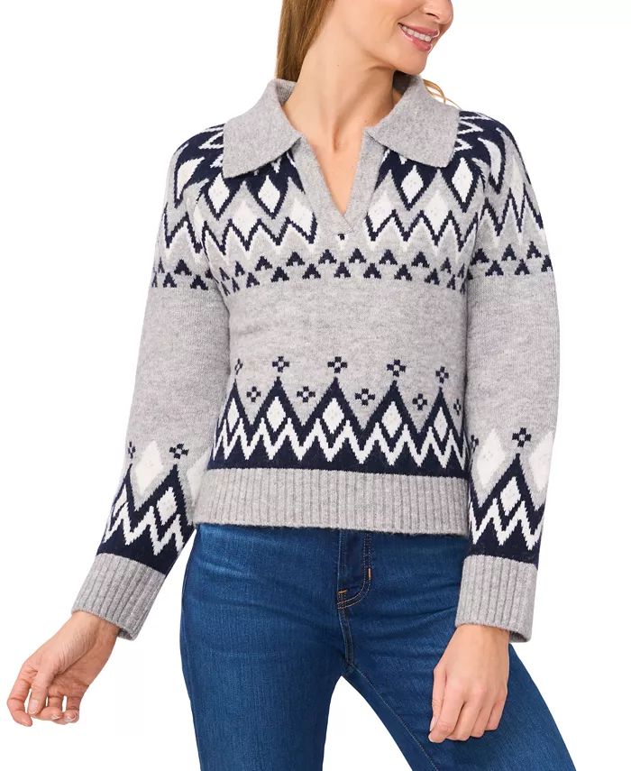 

Женский вязаный свитер с воротником и узором Fair Isle CeCe, серый
