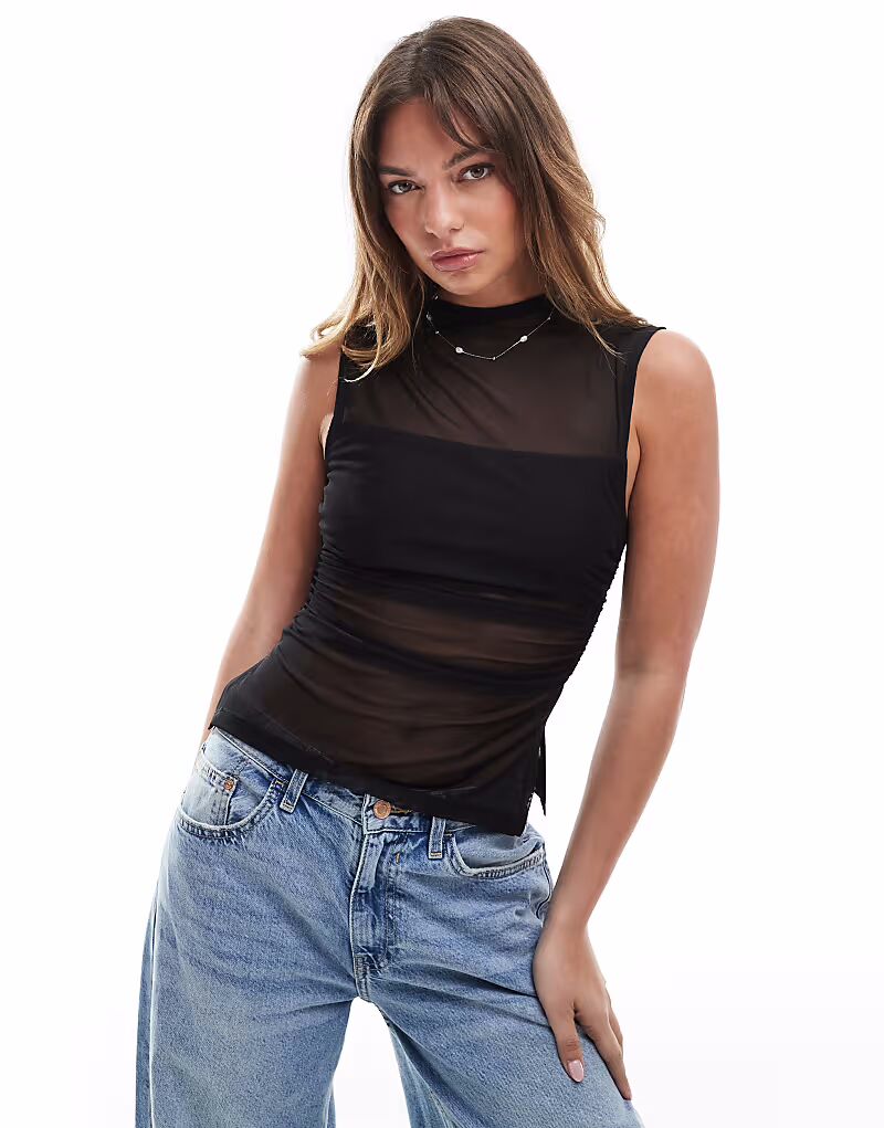 

Топ из прозрачной сетки ASOS DESIGN черного цвета с присборенной шеей и сборками по бокам