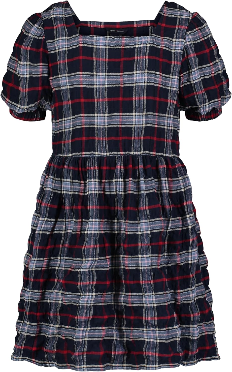 

Платье Tommy Hilfiger для девочек из сирсакера в клетку с рукавами-фонариками, повседневная одежда, мягкое и удобное., Navy Blazer