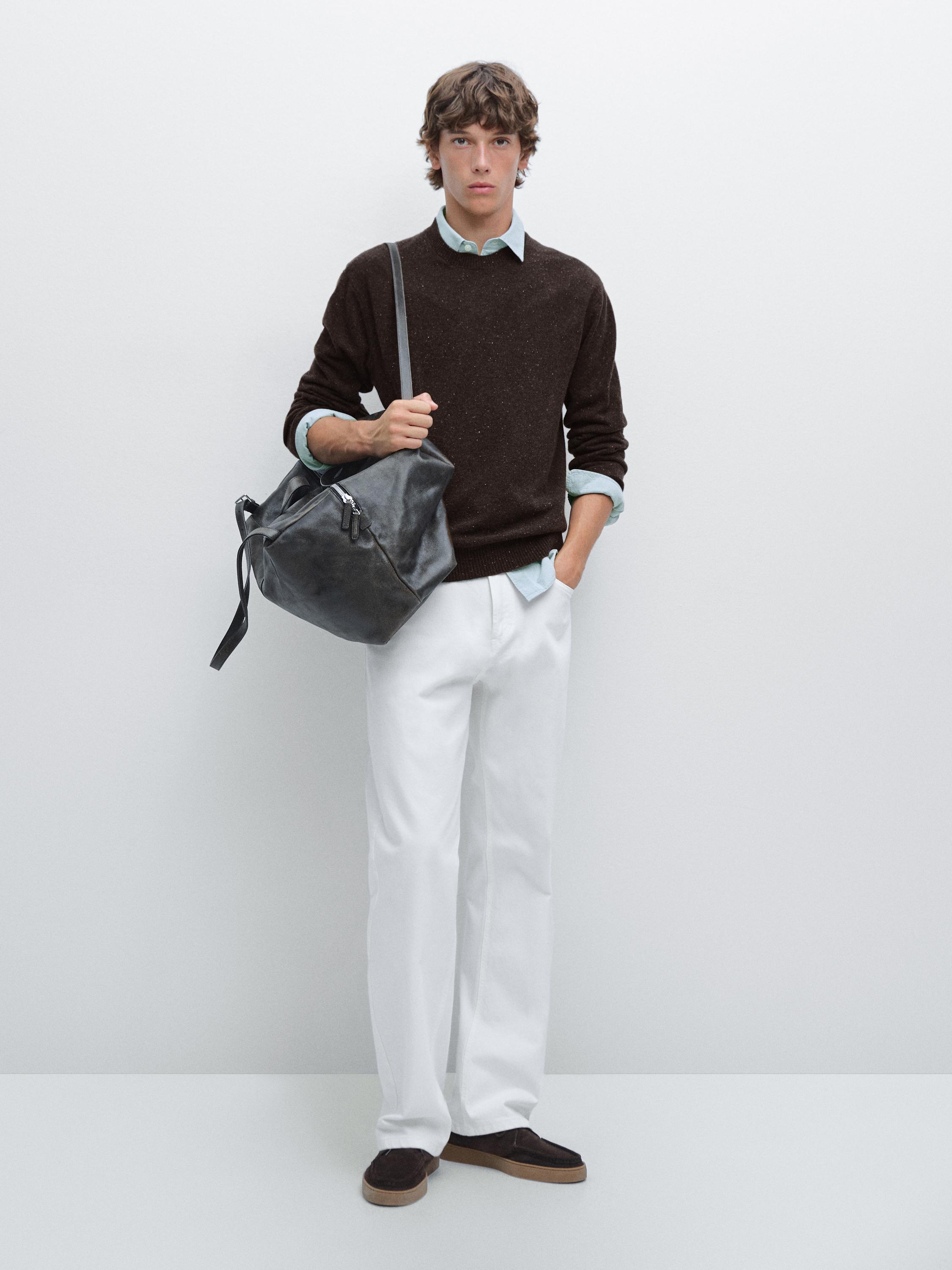 

Свитер с круглым вырезом и контрастной отделкой Massimo Dutti, коричневый