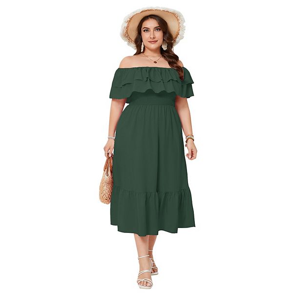 

Женское платье с одно плечом, двойным слоем, оборкой на воротнике и принтом Seoria, Dark Green