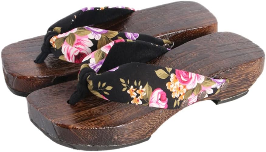 

Традиционные японские сандалии гета, деревянные сабо, кимоно, шлепанцы, тапочки на наклонном каблуке, японские тапочки с цветочным узором Chewyz, черный