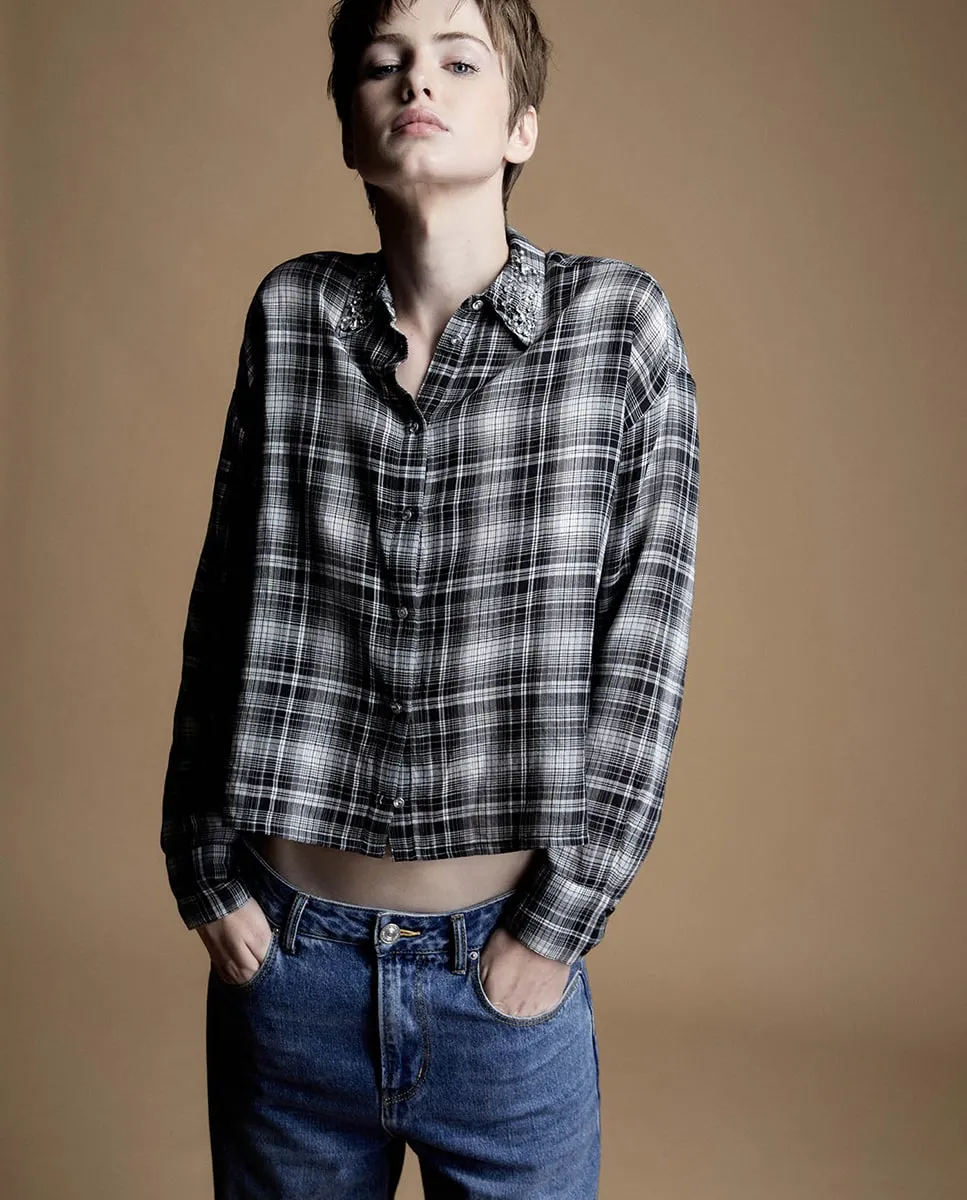 

Рубашка в клетку с блестками Sfera, черный