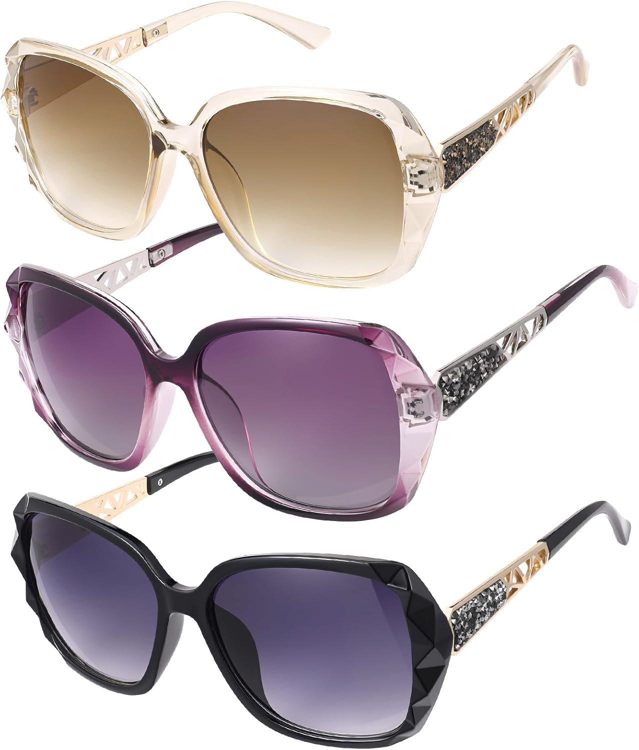 

DragonflyDreams 4 шт. женские большие солнцезащитные очки, защита от УФ-излучения UV 400, классический тренд, блестящая большая оправа, Upgraded Black /Frame Gray/Beige+brown/Purple