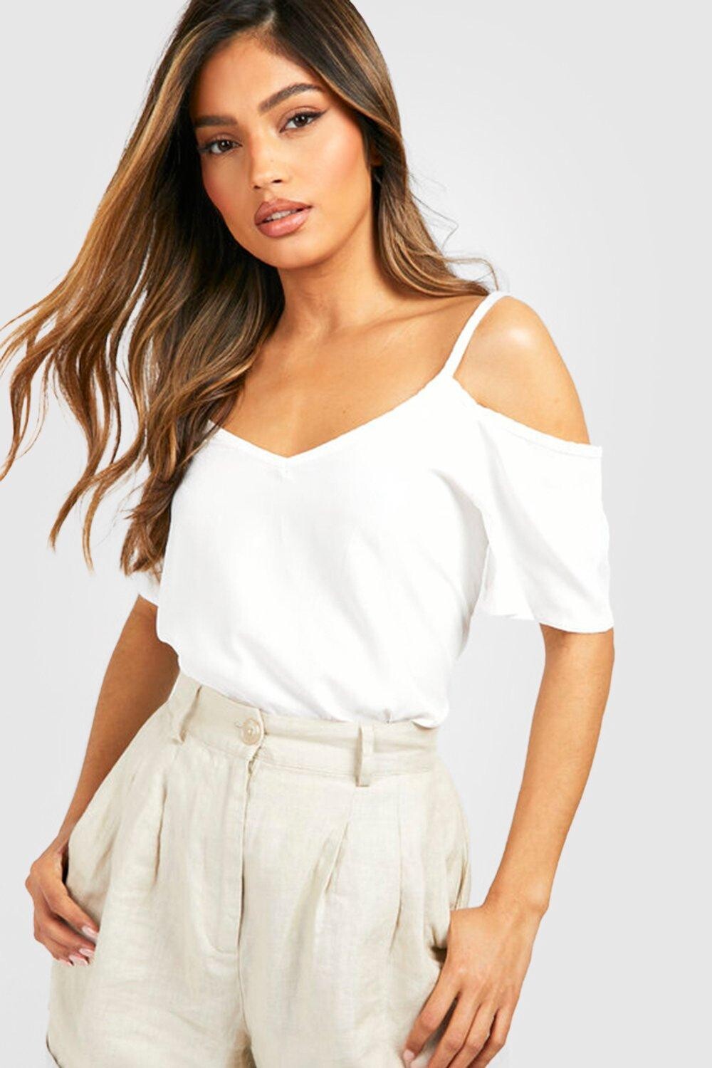 

Топ с открытыми плечами из тканой ремешки Boohoo, белый
