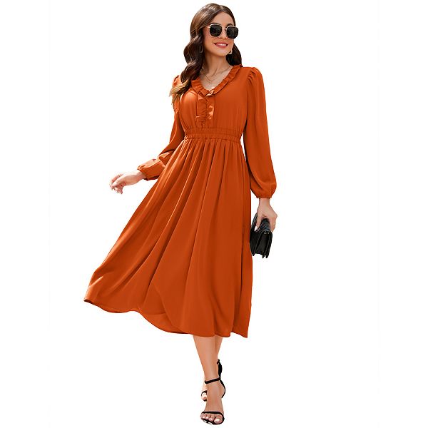 

Женское платье миди с рюшами, v-образным вырезом, длинными рукавами и присборенной талией Clearflower, Brick Red