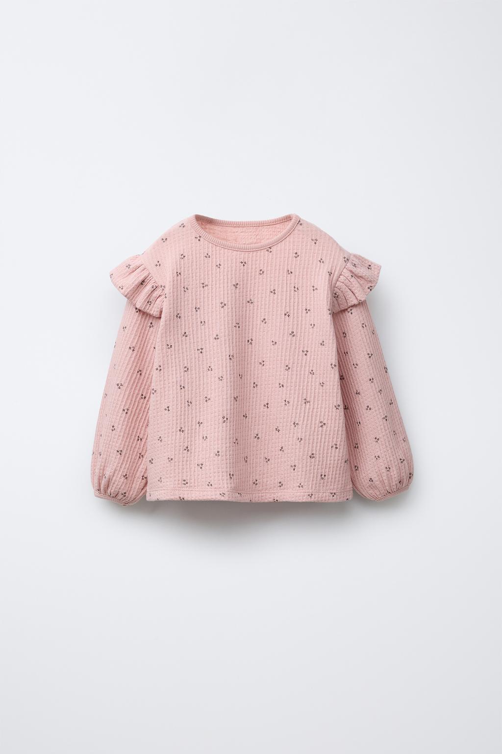 

Футболка со структурированными рюшами и цветочным принтом ZARA, цвет Pale pink