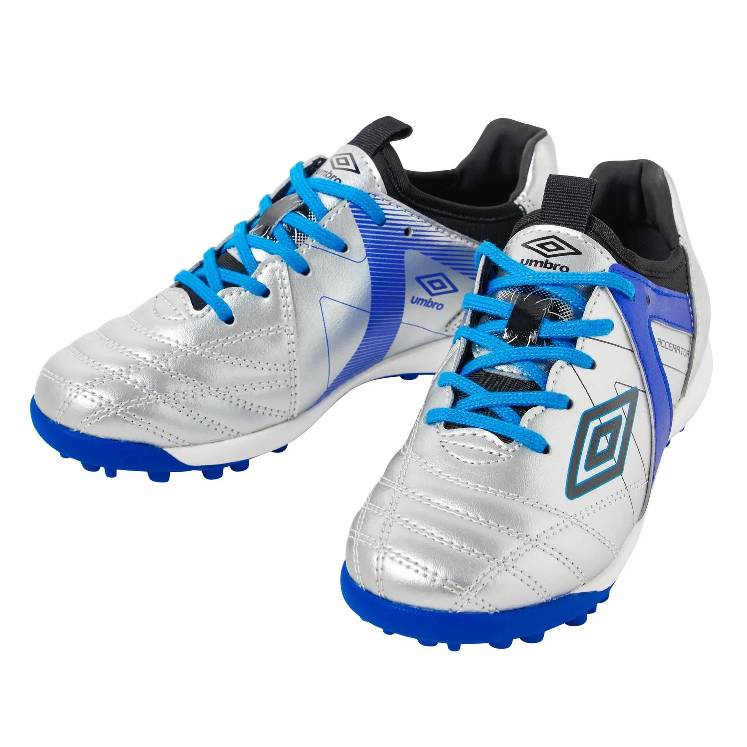 Детские футбольные бутсы Umbro Accerator TR JR Wide +GAINA, серебристый/синий, размер 21.0cm - 32.5 RU
