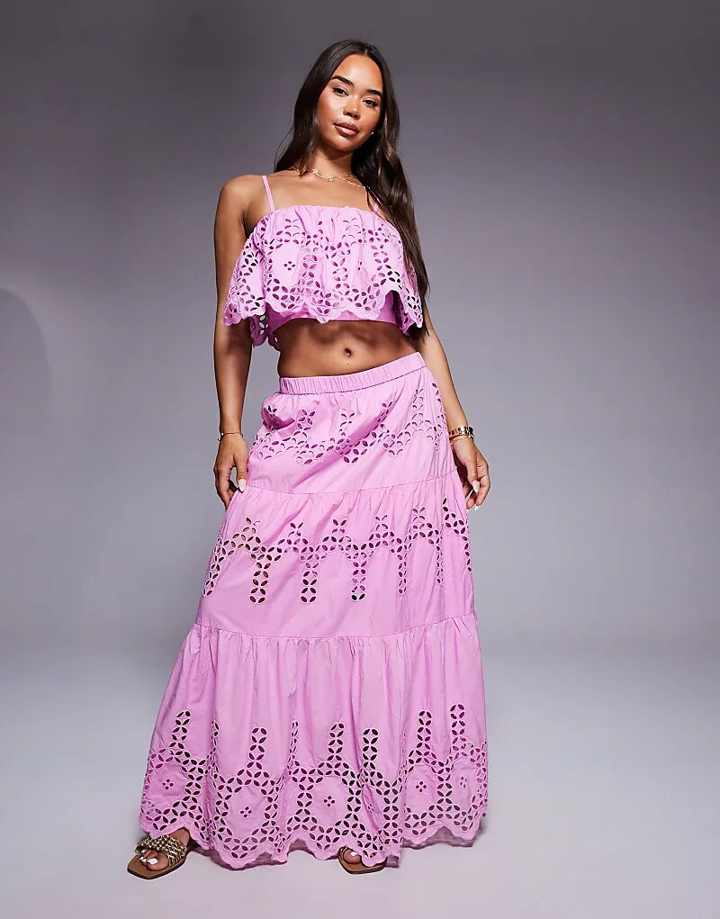 

Юбка макси River Island с вышивкой и ришелье, розового цвета