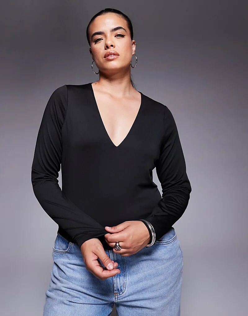 

Двухслойный топ с длинными рукавами и глубоким V-образным вырезом ASOS DESIGN Curve черного цвета Asos Curve