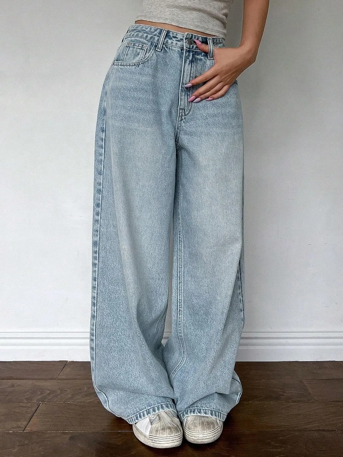 Женские классические джинсы Wide Leg Casual с карманами Generic, Light Wash — фото 4