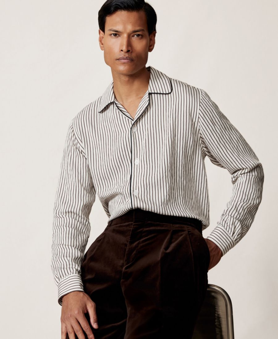 

Мужская полосатая рубашка с кубинским воротником и кантом REISS, White, Brown